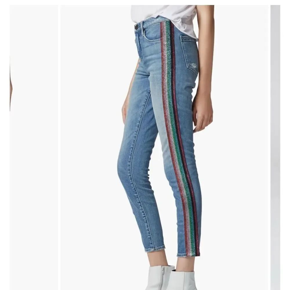 Blank NYC Jeans The Bond Rainbow Striped mid-rise Skinny Blue Jeans Size 29
